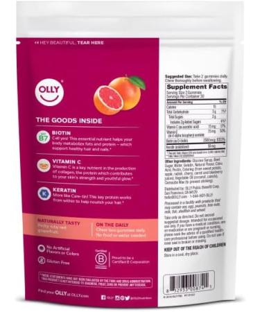 OLLY Undeniable Beauty Gummy: Hair, Skin, Nails Supplement with Biotin, Vitamin C, Keratin - 30 Day Supply, 60 Count - Grapefruit Flavor - Buy Online on GoSupps.com