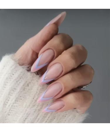 Sethexy French almond false nails wave line press on nail abstract pink artificial nails 24 pieces acrylic nails to stick on for women and girls pink French