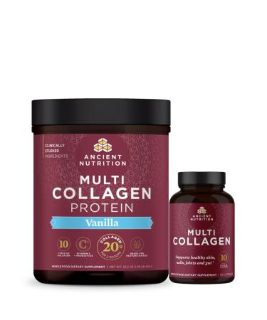 Ancient Nutrition Multi Collagen Capsules 90 Count + Multi Collagen Protein Powder Vanilla 60 Servings