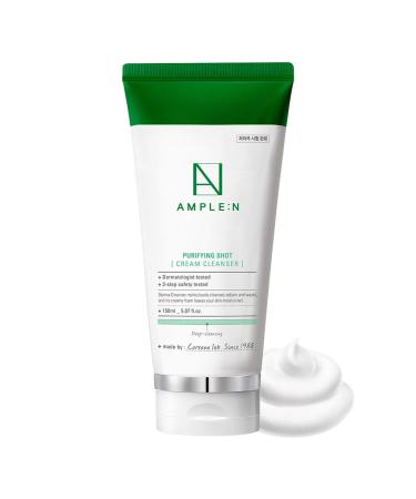 AMPLE:N Purifying Shot Cream Cleanser Korean Pore Refining Facial Cleanser with Egg White & Blue Lotus Extract - Exfoliate & Remove Makeup Residue and Impurities from Pores Texture 5.07 fl.oz.