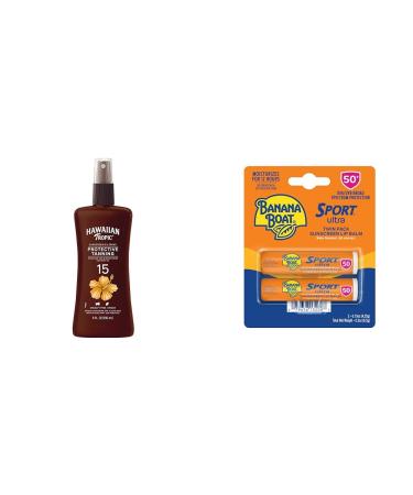 Hawaiian Tropic SPF 15 Tanning Oil Spray with Coconut Oil and Cocoa Butter 8oz & Banana Boat SPF 50 Lip Sunscreen Twin Pack