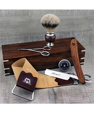 Classic Men's Shaving Set with Straight Razor Silver Tip Shaving Brush Trimming Scissors Leather Strop & Paste in Wooden Box