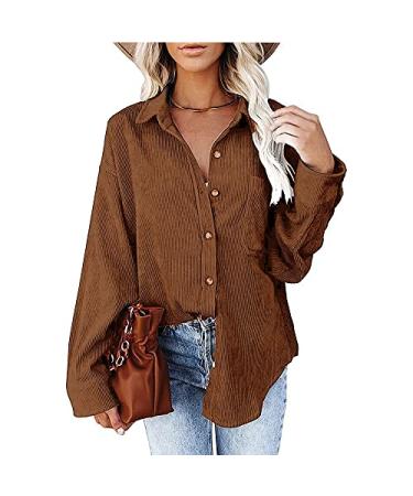 Womens Corduroy Button Down Pocket Shirts Long Sleeve Oversized Blouses Jacket Fall Outdoor Boyfriend Tops Large Camel