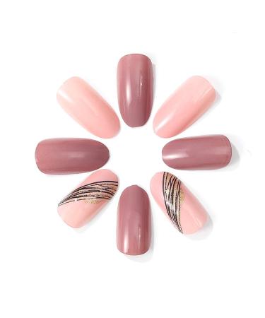 Buy Brishow Almond Press-On Nails - Short Pink Artificial Nails with Gold Glitter | 24 Piece Ballerina Acrylic Set for Women & Girls - International Shipping Available - Buy Online on GoSupps.com
