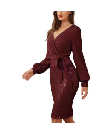 Hanxiulin ladies mini dress sexy glitter dress glitter evening dresses club wrap dress simple evening dress sequin dresses for women red xxl