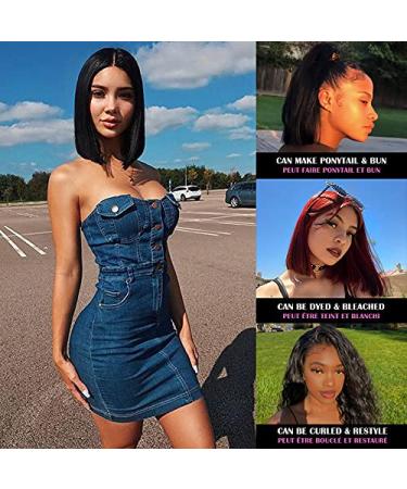 Short Straight Bob Human Hair Wig 8 Inch - Brazilian Virgin Lace Front Wig for Black Women with Baby Hair - Natural Black - Pre Plucked - 13x4 Frontal Wig - Buy Online on GoSupps.com