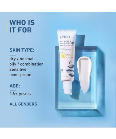 Plum 2% Niacinamide & Rice Water Hybrid Face Sunscreen with SPF 50 PA+++ | Protects & Brightens Skin | No White Cast | Reduces Blemishes | Non-Greasy | UVA & UVB Protection | All Skin Types | 50g - Buy Online on GoSupps.com