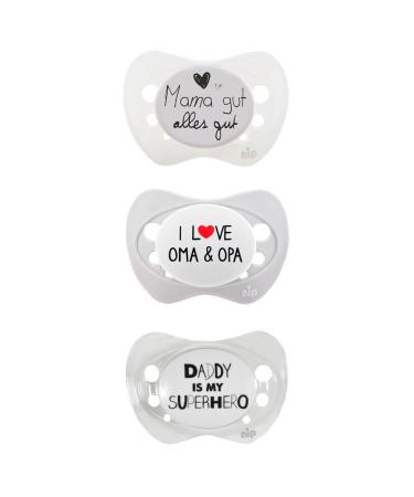 Nip silicone pacifier with saying silicone anatomical jaw-friendly suction part // Gr.3 18-32 Mon // 3 Set // Funig // Fuschen // Original // Made in Germany - Buy Online on GoSupps.com