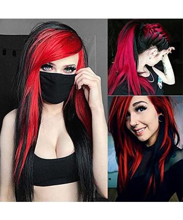 Baruisi Long Red Black Wig Silky Straight Synthetic Heat Resistant Side Bangs Halloween Costume Hair Wigs for Women Red&black
