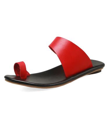 Summer Solid Flat Sandals Outdoor PU Open Toe Cutout Flat Slip-on Orthopedic Bunion Corrector Women's Beach Sandals for Ring Toe Bunion Slippers 7.5 Red
