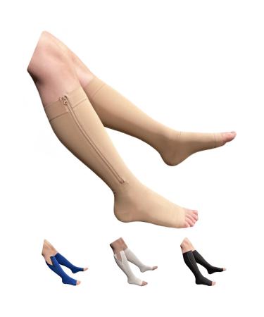 Seniors Care 20-30 mmHg Zipper Compression Leg Calf Open Toe Socks (Nude Small-Medium) Small-Medium Nude