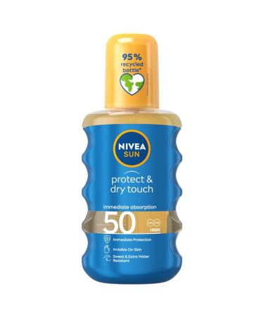 NIVEA SUN Protect & Dry Touch Invisible Sun Spray SPF 50 (200 ml) Water-Resistant Sun Cream Immediate Protection against UVA & UVB Rays Transparent/No White Marks