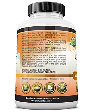 Acetyl L-Carnitine 1500mg - High Potency for Energy, Memory & Focus | 100 Veggie Capsules - Buy Online on GoSupps.com