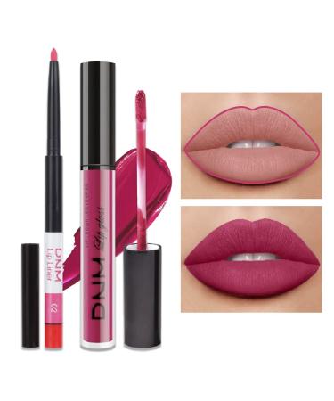 AMY'S DIARY 2Pcs Rose Red Lip Liner and Lipstick Matte Makeup Set Pink Lipstick 24H with Lip Liner Set Matt Liquid Long Lasting Mate Dark Plum Dark Berry Lipstick (02) K02