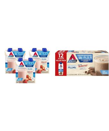Atkins Strawberry Protein Shake 15g Protein Low Glycemic 2g Net Carb 1g Sugar 12ct & Milk Chocolate Delight Protein Shake 15g Protein Low Glycemic 2g Net Carb 1g Sugar