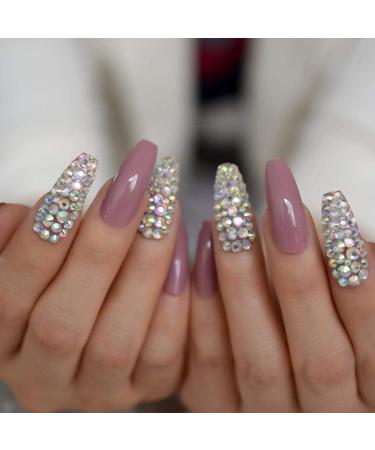 HUJL 3D AB Gem Super Long Ballerina Coffin Nail Extensions - Shiny Pink/Purple Artificial Nails for Stunning Manicures | International Shipping - Buy Online on GoSupps.com