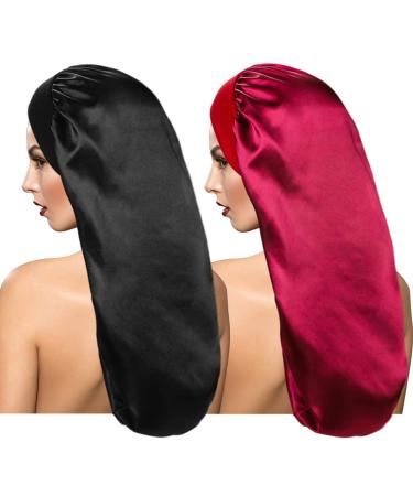 2 Pcs Long Silky Sleep Bonnet for Curly Hair Hair Bonnets Long Dreadlocks and Braids Satin Sleeping Caps Night Cap for Women Hair Care Long Black+Wine Red