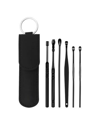 Stainless Steel Ear Picking Spoon 6 Piece Set Safe Ear Wax Removal Ear Cleaning Tool Ear Curette with PU Leather Storage Case Suit for Kid Adult Older (Black)
