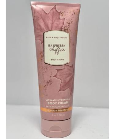 Bath and Body Works Raspberry Chiffon Body Cream 8 Ounce Full Size Ultimate Hydration Pink Leaves Label Fall 2021 Collection