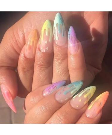 24Pcs Long Fake Nails Almond Press on Nail French Tip Glue on Nails Rainbow Ice Cream Design Acrylic Nails Almond Nails for Women and Girls Candy colors Almond01