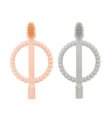 Airfish baby biting toys 2 pieces of child toothbrush toothing aid bite ring made of silicone bpa-free stimulating and massaging wound gums from 3 months (peach pink gray)