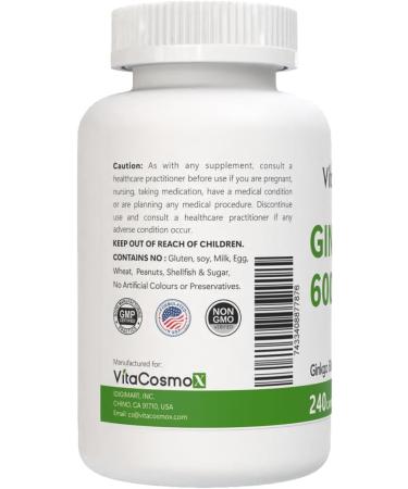 VitaCosmoX Ginkgo Biloba with Phosphatidylserine Complex 240 Vegetarian Capsules Brain Support Supplement - 120 Servings Gluten Free Non-GMO and Vegetarian Friendly - Buy Online on GoSupps.com