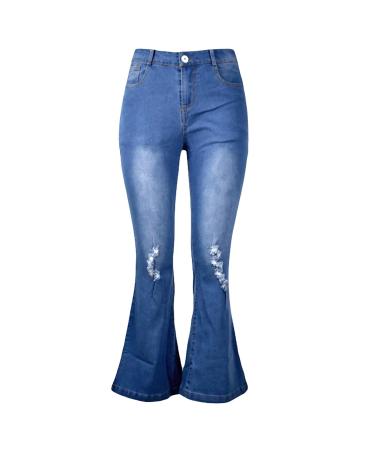 Vickyleb Women Spring and Summer Tight Fitting Hip Retro Print Big Bell Bottom Pant Pocket Yoga Pants Cotton X-Large I-blue
