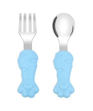 Vicloon Baby Fork and Spoon Set 2PCS Cutlery Set for Children Silicone Stainless Steel Baby Short Handle Training Tableware Ergonomically Designed to Promote Self-Feeding in The Right Way (Cat Claw)