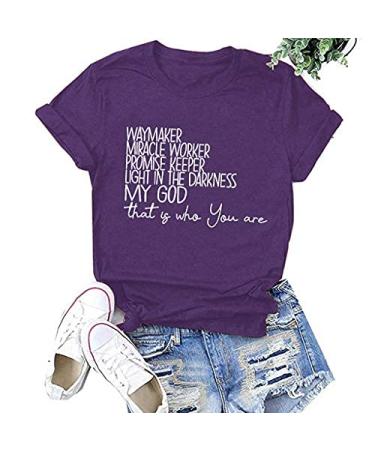 Women T Shirts Short Sleeve Graphic Tees - Waymaker Light in The Darkness Shirt - Christian Church Saying Tops Purple XX-Large