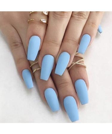 Sethain matt coffin false fingernails ballerina medium pure color complete cover acrylic art false nail tip 24 hours.For women and girls (blue)