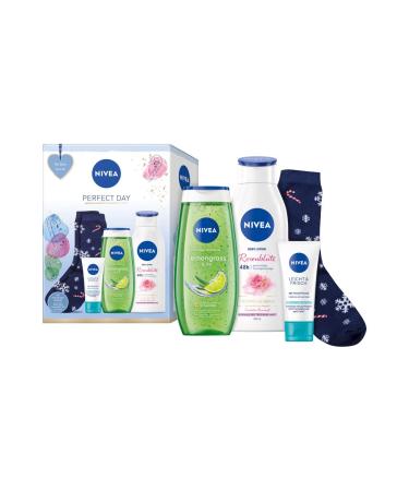 NIVEA Perfect Day Gift Set with NIVEA Essentials, Gift Set with Day Care, Care Shower, Body Lotion and Stylish Socks