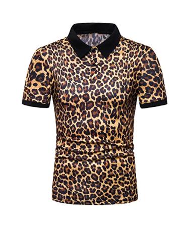 LADIGASU Tee Shirts for Men Button Down Lapel Collared Shirt Short Sleeve Leopard Print Shirt Fresh Classic Work Office Tees Yellow T Shirts for Men Large