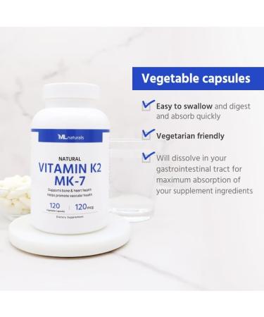 ML Naturals Natural Vitamin K2 MK-7 120 mcg 120 Vegetable Capsules. Natural MK-7/99% All-Trans MK-7. Supports Bone & Heart Health Promote Vascular Health Third-Party Lab Tested 120 Count (Pack of 1) - Buy Online on GoSupps.com