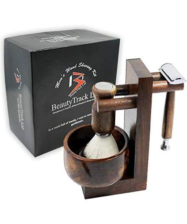 BeautyTrack Vintage Wood Shaving Kit for Men - Safety Razor, Badger Hair Brush, Soap Bowl - Great Gift Idea for Christmas - Buy Online on GoSupps.com