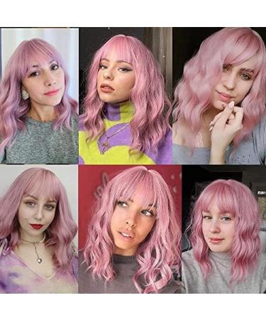 Oefei 14 Inch Short Wavy Pink Bob Wig - Heat-Resistant Synthetic Hair for Cosplay & Daily Use - Perfect for Parties - Buy Online on GoSupps.com