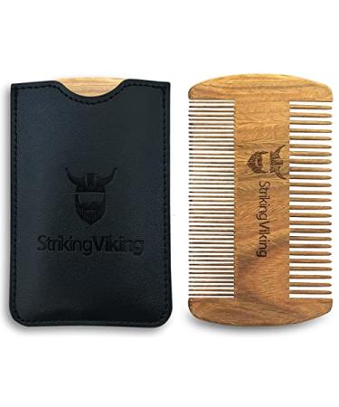 Sandalwood Beard Comb and Case - Pocket Sized Wooden Beard & Mustache Comb with Fine & Coarse Teeth - Perfect for Use with Balms and Oils - Striking Viking (Black) Black Case