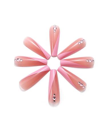 Rhinestone False Nails - 24PCS Extra Long Pink Ballerina Full Cover Artificial Nail Tips for Women & Teen Girls | Shop Internationally - Buy Online on GoSupps.com