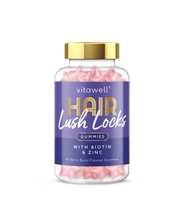 Vitawell Hair Lush Locks Gummies | 60 Vegetarian Mixed Berry Flavour Gummies | 2 a Day | Biotin with Zinc & Vitamin E | 1 Month Supply | by Vitawell