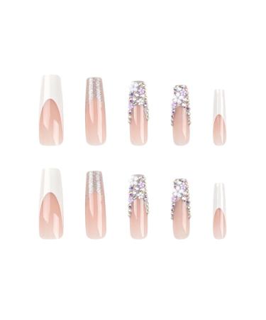 Long Press on Nails Coffin | BAOYAALIN White Fake Nails with 3D Flowers & Rhinestones | Full Cover Acrylic Gel Glue on Nails for Women & Girls - Perfect for Weddings | A01 - Buy Online on GoSupps.com