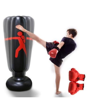 HANDSONIC Inflatable Boxing Punching Bag, Fitness Punching Bag for Kids/Adult, Vertical Boxing Column Tumbler Sandbags Practice Karate Training Taekwondo Equipment -with Boxing Gloves(63")
