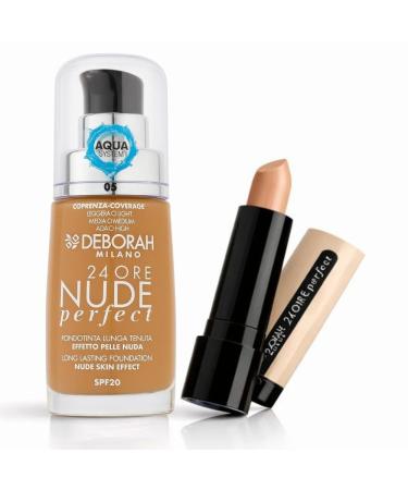 DEBORAH Deborah Milano 24 Hour Nude Perfect Foundation + 24 Hour Perfect Concealer | Bare Skin Effect | Long Wear with DH Oxygen Complex and SPF 20 | Medium Coverage | Nude 05 Medium Beige