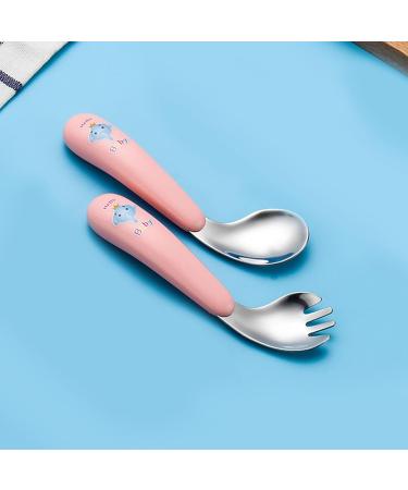 Silent-Qiaoyou Children's Cutlery Set - Heat-Resistant Stainless Steel Training Spoons & Forks Pink Curved Baby Feeding Utensils - Buy Online on GoSupps.com