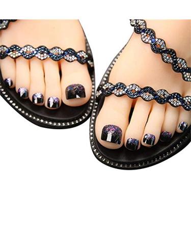 24 pieces false toenails with glue acrylic false toenails for women girls shiny artificial feet nails full cover black blue