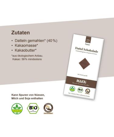 Buy Makri Bio Dattel Chocolate - Vegan Fair Trade No Refined Sugar Nature 59% | Healthy Snacking (5 Pieces) - Buy Online on GoSupps.com