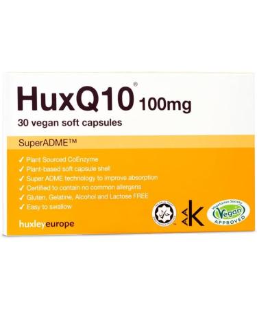  HuxQ10 Huxley Europe Q10 Coenzyme 100 mg Pack of 30 capsules for heart blood pressure and skin health with vegan ubiquinone. Fermented COQ10 SuperADME easy to swallow. - Buy Online on GoSupps.com