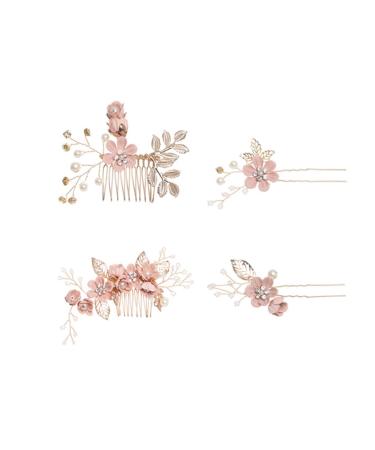 Sjbautyo 4 piece of gold wedding hair crested pearl flower bride hair jewelry Strass bridal jewelry comb hair clip for the bride bride -wearer - pink flower