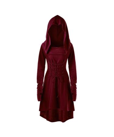 OIUCVGB Womens Renaissance Costumes Hooded Robe Lace Up Vintage Pullover High Low Long Hoodie Dress Cloak Color&05 Small