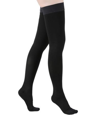 Thigh High Compression Stockings Closed Toe for Men & Women, Opaque, KEKING 15-20mmHg Graduated Compression Leg Support Hose with Silicone Band - Swelling, Varicose Veins, Edema, DVT, Black Medium Medium (1 Pair) 15-20mmhg Black Closed Toe