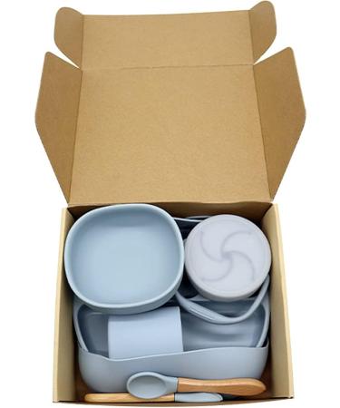 Baby Weaning Set | Toddler Feeding Kit with Silicone and Wood | Plate, Cup, Bowl, Spoon, Fork, Snack Cup Lid | Dusty Blue - Buy Online on GoSupps.com