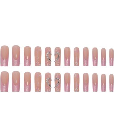 24 Pcs Heart False Nails with Diamond | Peach Pink French Press on Nails | Ballerina Stick on Nails for Women | Medium Length Acrylic Coffin Fake Nails with Glue for Nail Art - Buy Online on GoSupps.com
